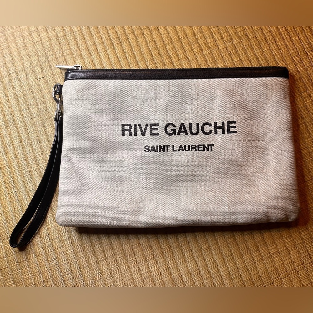 Saint Laurent Rive Gauche Black and Beige Clutch Wristlet Bag